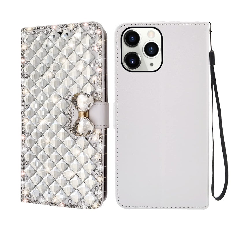 Omio for iPhone 11 Pro Max Wallet Case Luxury Glitter Bling Diamond Card Holder Women Case with Stand Sparkle Crystal Bowknot Shockproof Non-Slip Fashion Flip Cover for iPhone 11 Pro Max Case White - Image 2
